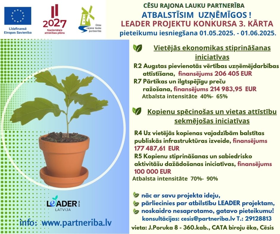 Biedrība “Cēsu rajona lauku partnerība” izsludina LEADER projektu konkursu 3. kārtu